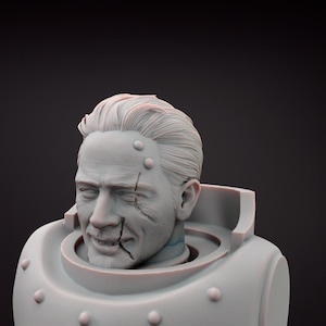 May include: A light grey bust of a man with a stern expression, featuring detailed facial features and scars. The bust is set within a light grey, rounded collar with visible rivets. The man's hair is styled back, and the overall aesthetic suggests a futuristic or sci-fi theme.