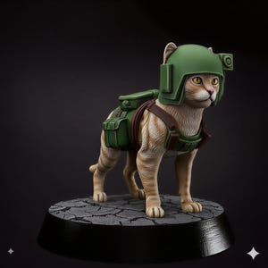 Op de afbeelding: Een beeldje van een bruin-witte kat met een groene militaire helm en vest, met een bruin harnas. De kat staat op een grijze, getextureerde basis met een zwarte rand. De kat heeft gele ogen.