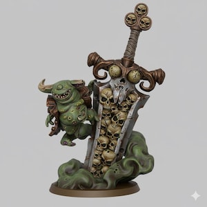 May include: A fantasy figurine depicting a green goblin-like creature with horns and a brown jacket, beside a large sword. The sword has a blade filled with skulls and skull-shaped accents. The base is brown, with green smoke.