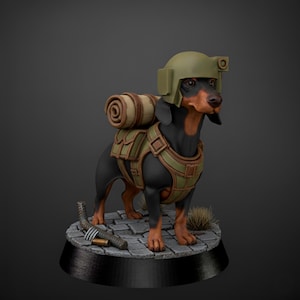 May include: A dachshund figurine, black and tan, wearing a green military helmet and backpack. The dog is posed on a stone base with a miniature machine gun and a few bullets. The figurine has a detailed, realistic appearance.