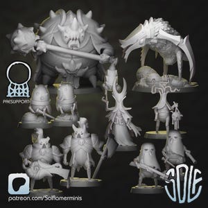 Könnte beinhalten: Eine Sammlung von 3D-gedruckten Fantasy-Miniaturen in verschiedenen Posen. Die Figuren umfassen ein großes, gepanzertes Wesen mit einem Streitkolben, insektenartige Wesen und humanoide Charaktere mit Waffen. Die Modelle sind alle in einer neutralen Farbe, mit dem Text "PRESUPPORT" und "SOLE" sichtbar.