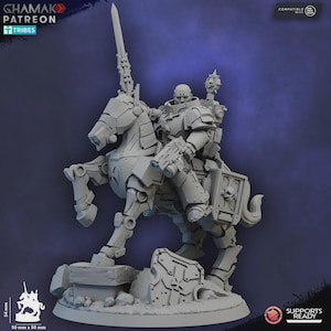 May include: A detailed, grey miniature of a futuristic warrior riding a mechanical horse. The warrior is armored and armed with a sword and gun. The base is 50 mm x 50 mm and the height is 5.4 cm.