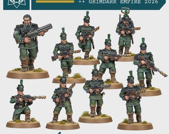 Può includere: Un set di dieci soldatini in miniatura intitolati 95th Rifles, Emperors Chosen Men, Grimdark Empire 2026. Ogni figura indossa un'uniforme verde scuro con dettagli neri, alti colbacchi con piume verdi e impugna un fucile o un'arma pesante.