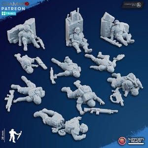 Könnte beinhalten: Eine Sammlung unbemalter Miniatur-Soldatenfiguren in verschiedenen Posen, einige mit Gewehren und anderer Ausrüstung. Die Miniaturen sind grau und scheinen aus Harz oder Kunststoff zu bestehen. Das Bild enthält den Text "CHAMAKO PATREON TRIBES" und "SUPPORTS READY".