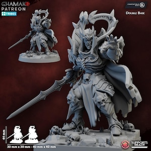 May include: A detailed grey miniature figure of a warrior with a sword, cape, and skull accents. The figure is on a double base and is approximately 4.4 cm tall. The base dimensions are 3 cm x 3 cm and 4 cm x 4 cm. The image includes the text "GHAMAK PATREON TRIBES".