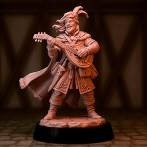 May include: A detailed figurine of a smiling bard playing a lute. The figure wears a hat with a feather, a cloak, and a tunic with decorative trim. The bard stands on a stone base atop a black platform.