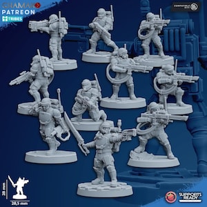 May include: A collection of grey miniature figurines of soldiers in futuristic armour, each posed with weapons and equipment. The figures are on circular bases, with the dimensions of the figures being 2.8 cm tall and 2.85 cm wide.