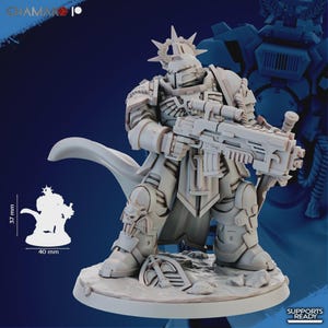 May include: A light grey figurine of a futuristic warrior, holding a large rifle. The figure is approximately 40 mm wide and 37 mm tall. The base is round, and the figure is wearing armour and a helmet with a crown. The words "SUPPORTS READY" are visible.