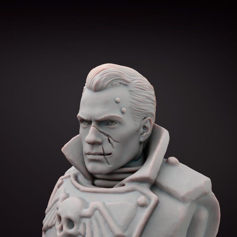 May include: A grey bust of a man with a stern expression, featuring a scar across his face and a military-style coat with a skull emblem. The sculpture has detailed facial features and a classic hairstyle, set against a dark background.