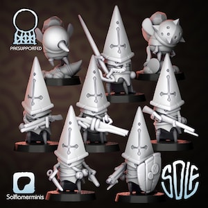 Pode incluir: Uma coleção de oito miniaturas cinzentas com personagens usando chapéus cónicos altos e pontiagudos com um símbolo de cruz invertida. As figuras estão em várias poses, algumas segurando espingardas, espadas ou escudos, todas em bases pretas circulares. O texto "PRESUPPORTED" e "SOLFLAMERMINIS" é visível.