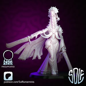 May include: A 3D-printed figurine of a warrior in a flowing gown, holding two curved swords. The figure has a helmet and wing-like structures. The base is black, and the background is a gradient of purple and black. The text "PRESUPPORTED" is visible.