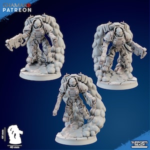 May include: Three grey miniature figures of armoured robots, each standing on a cloud-like base. The robots have detailed mechanical designs and are holding weapons. The image includes the text "CHAMAKO PATREON" and "SUPPORTS READY". The base measures 40 mm x 44 mm.