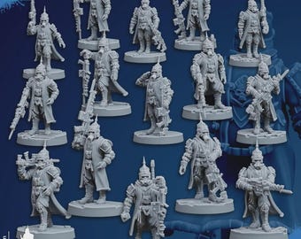 May include: A collection of gray miniature figurines of soldiers, each with detailed armor, helmets, and weaponry. The figurines are approximately 1.18 inches tall and 1.12 inches wide. The image includes the text "CHAMAK PATREON TRIBES" and "SUPPORTS READY".