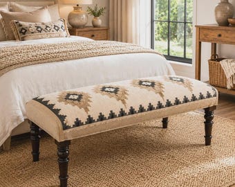 Handmade Furniture Kilim Bench Ottoman, Wool Jute Fabric Upholstered Wooden Stool, Boho Southwestern Entryway Accent, End of Bed Bench