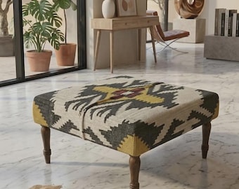 Handwoven Kilim Patchwork Ottoman Bench – Boho Wool Jute Upholstered Footstool, Wooden Legs
