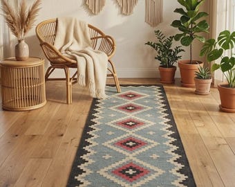 Kilim Runner Handwoven Navajo Kilim Rug Handmade Kilim Dhurrie Rug Motifs, Oriental, Traditional Indian Geometric Kilim Runner Custom Rug