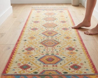 Handwoven Wool Jute Kilim Runner Rug | Tribal Indian Durrie | Boho Hallway & Stair Runner | Warm Winter Rug | Rustic Farmhouse Decor
