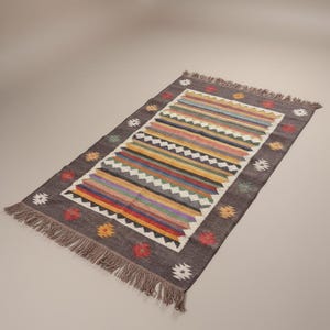 Hand-Woven Indian Kilim Dhurrie Rug, Handmade Turkish Vintgae Geometric Wool Jute Kilim Rug, Flatweave Bohemian Boho Home Decor Rug image 17