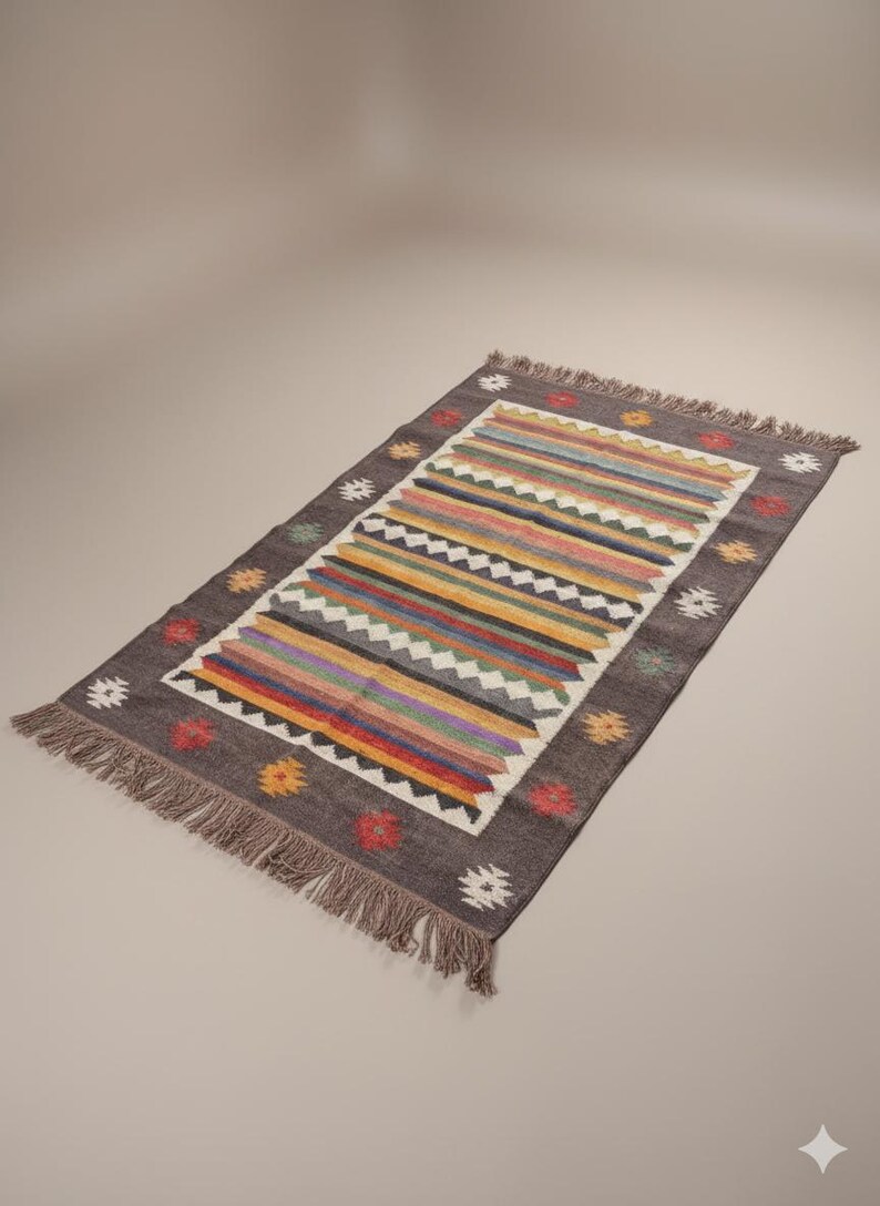 Hand-Woven Indian Kilim Dhurrie Rug, Handmade Turkish Vintgae Geometric Wool Jute Kilim Rug, Flatweave Bohemian Boho Home Decor Rug image 17