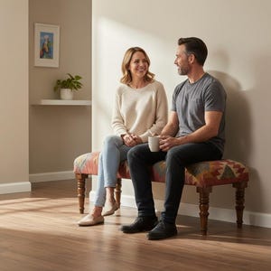 May include: A decorative bench with a patterned seat and wooden legs. A couple is seated on the bench, with the woman wearing a cream sweater and jeans, and the man wearing a gray t-shirt and black pants. The bench is in a well-lit room.