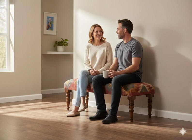 May include: A decorative bench with a patterned seat and wooden legs. A couple is seated on the bench, with the woman wearing a cream sweater and jeans, and the man wearing a gray t-shirt and black pants. The bench is in a well-lit room.