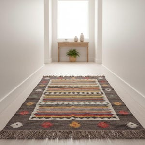 Hand-Woven Indian Kilim Dhurrie Rug, Handmade Turkish Vintgae Geometric Wool Jute Kilim Rug, Flatweave Bohemian Boho Home Decor Rug image 13
