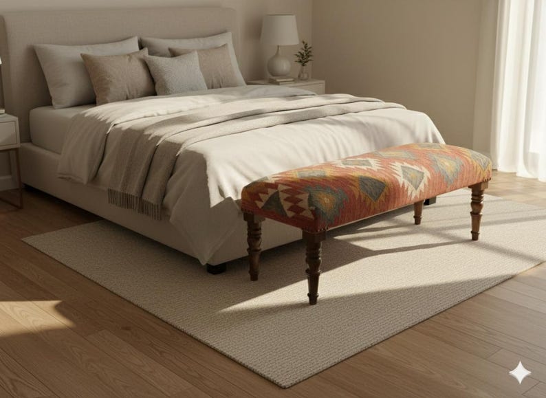 May include: A bedroom scene featuring a bed with pillows and a patterned bench at the foot. The bench has a wooden frame and a colorful, geometric fabric. The room has a neutral color palette with a rug and hardwood flooring.