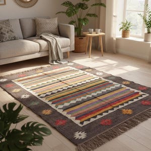 Hand-Woven Indian Kilim Dhurrie Rug, Handmade Turkish Vintgae Geometric Wool Jute Kilim Rug, Flatweave Bohemian Boho Home Decor Rug image 15