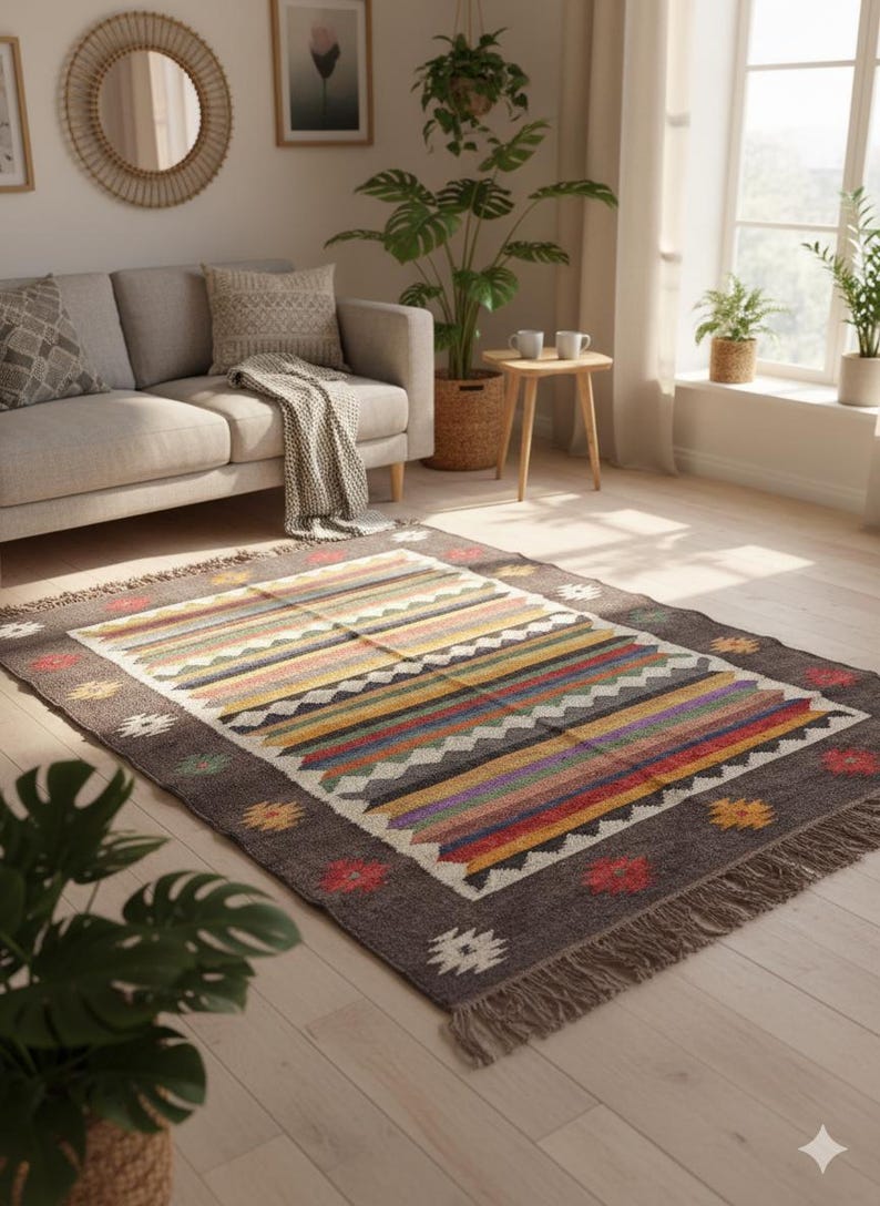 Hand-Woven Indian Kilim Dhurrie Rug, Handmade Turkish Vintgae Geometric Wool Jute Kilim Rug, Flatweave Bohemian Boho Home Decor Rug image 15