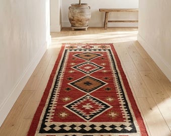 Tapis de passage kilim tissé à la main en laine et jute | Indien tribal Durrie | Tapis de couloir et d'escalier bohème | Tapis d'hiver chaud | Décoration de ferme rustique