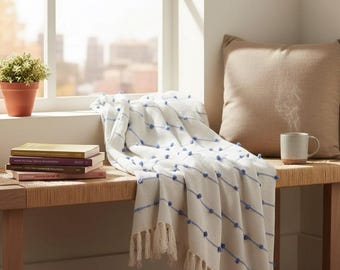 Handwoven Cotton Throw Blanket, Cream with Blue Dots, Boho Sofa Throw,Scandinavian Home Decor, Cozy Couch Blanket, Modern Farmhouse, 52 x 80