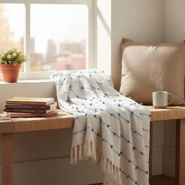 Handwoven Cotton Throw Blanket, Cream with Blue Dots, Boho Sofa Throw,Scandinavian Home Decor, Cozy Couch Blanket, Modern Farmhouse, 52 x 80