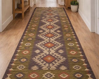 Handwoven Wool Jute Kilim Runner Rug | Tribal Indian Durrie | Boho Hallway & Stair Runner | Warm Winter Rug | Rustic Farmhouse Decor
