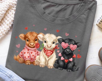 Valentine Highland Kuh PNG, süßes Babykuh-Trio, Preppy Coquette Tier, XOXO Bauernhaus Sublimation, Galentines Day Shirt, trendige Liebeskunst