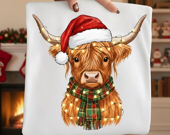 Christmas Highland Cow PNG | Santa Hat, Plaid Scarf (Digital Download)
