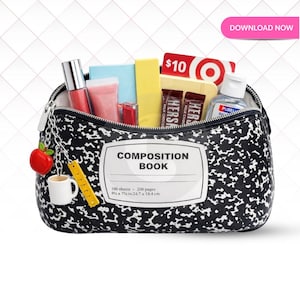 May include: A black and white composition book-themed cosmetic bag filled with various items. The bag has a zipper closure and a charm with an apple, coffee cup, and ruler. Contents include lip gloss, a gift card, and hand sanitizer.