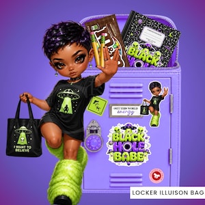 May include: A doll with short purple hair wears a black t-shirt featuring a green UFO graphic and holds a black tote bag with an alien print. The doll stands before a purple locker decorated with stickers, including text reading Black Hole Babe.