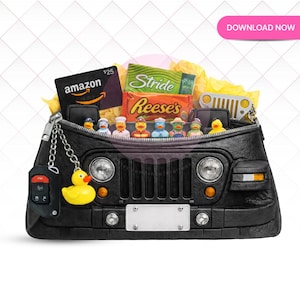 May include: Black Jeep-shaped purse with a zipper, filled with gifts and rubber duckies. Includes an Amazon gift card, candy, and a Jeep keychain. A yellow rubber ducky hangs from the zipper.