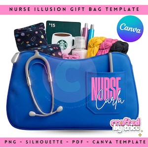 May include: A blue gift bag template with the text "NURSE Carla" on the front. The bag contains items such as a Starbucks mug, pens, and a stethoscope. The words "NURSE ILLUSION GIFT BAG TEMPLATE" are at the top.