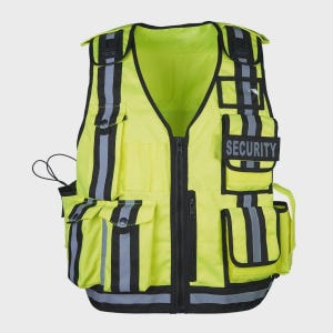 May include: A fluorescent yellow security vest with multiple pockets and reflective stripes. The vest features a black zip and the word "SECURITY" printed on a patch.