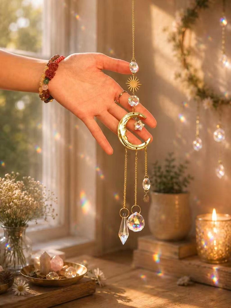 May include: A gold-toned metal suncatcher featuring a crescent moon charm, a small star, and multiple clear faceted crystal prisms suspended by delicate chains. The decorative hanging ornament includes a sunburst emblem and round crystal beads.