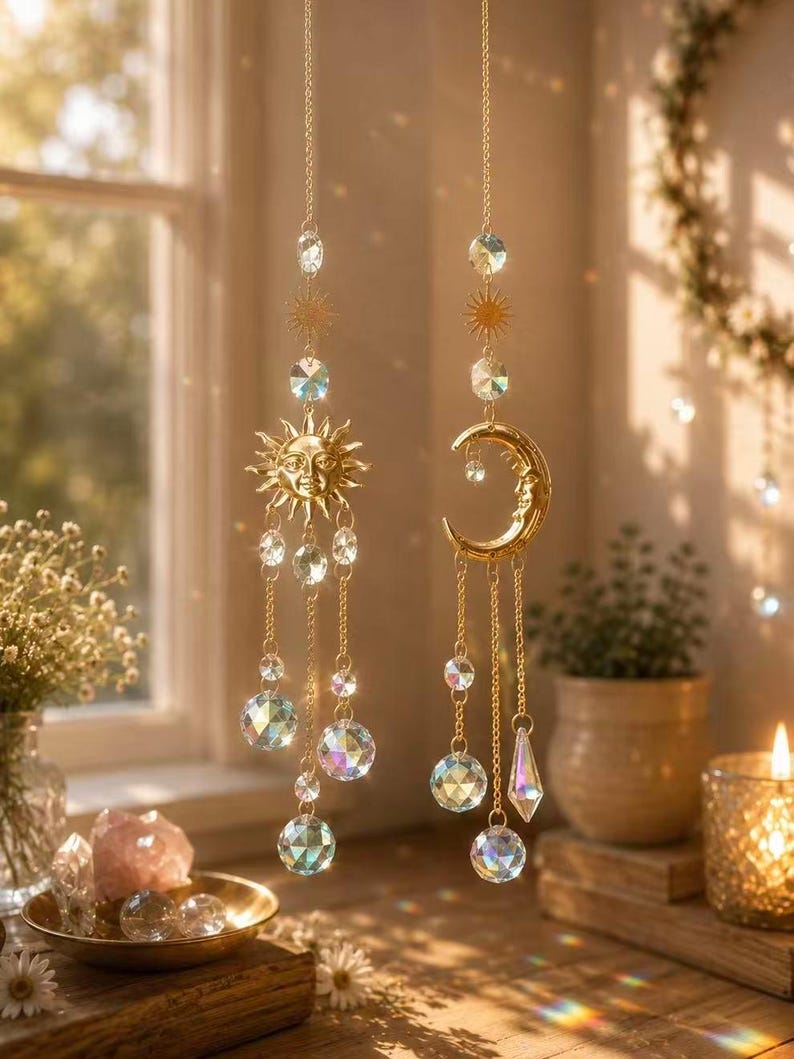 May include: Two hanging suncatchers featuring gold-toned metal sun and crescent moon charms. Each piece is suspended by a delicate gold chain and adorned with multiple clear, multifaceted crystal beads that refract light into colorful prisms.