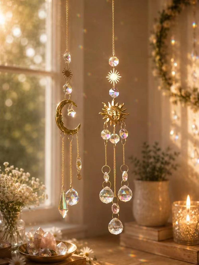 May include: Two hanging suncatchers suspended by gold-toned chains. One features a crescent moon charm, the other a sun face charm. Both are adorned with clear, multifaceted crystal beads and prisms that reflect light, creating a decorative display.