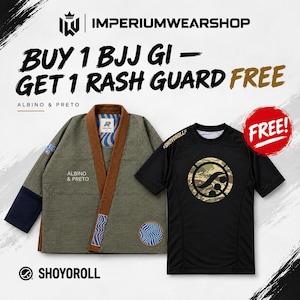 Pode incluir: Um kimono de BJJ verde-oliva com gola castanha e detalhes de padrões ondulados azuis, acompanhado por uma rash guard preta de manga curta com um gráfico circular de camuflagem e o texto SHOYOROLL. A imagem inclui o texto IMPERIUMWEARSHOP.