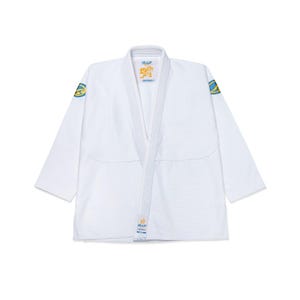 May include: A white martial arts gi jacket featuring a structured collar, long sleeves, and circular blue and yellow patches on each shoulder. The interior neck label displays the text IBJJF with a yellow graphic, and a matching label is at the hem.