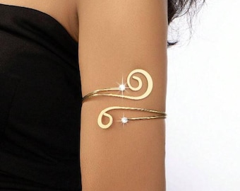 Gold Plated Rhinestone Arm Cuff, Boho Upper Arm Bracelet
