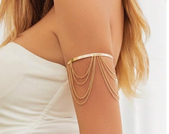 Gold Upper Arm Cuff Bracelet, Cane Charm Tassel Design