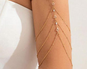 Crystal Tassel Arm Bangle - Gold Rhinestone Beaded Upper Arm Bracelet