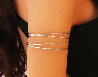 Silver Metallic Arm Cuff Bracelet, Vintage Boho Armlet
