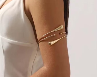 Gold Geometric Arm Cuff Bracelet - Adjustable Metal Upper Arm Jewelry